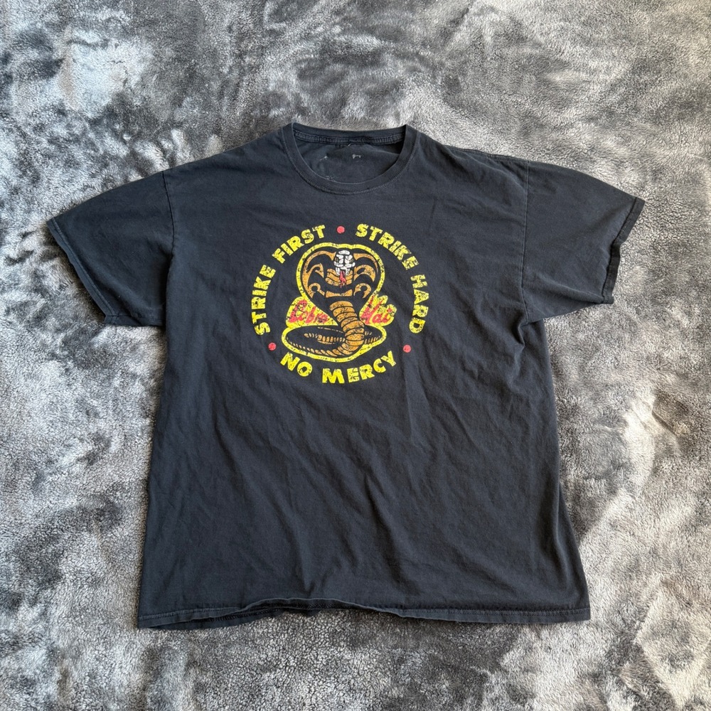 Cobra Kai Strike First Strike Hard No Mercy Black Graphic T-Shirt Mens XL